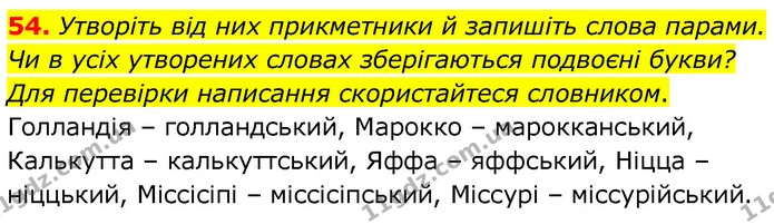 54. Утворіть від них прикметники й запишіть слова парами. Чи в усіх утворених словах зберігаються подвоєні букви? Для перевірки — ГДЗ Українська мова 6 клас Заболотний 2020