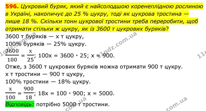 596. Цукровий буряк, який є найсолодшою коренеплідною рослиною в Україні, накопичує до 25 % цукру, тоді як цукрова тростина — лише 18 — ГДЗ Математика 6 клас Мерзляк 2023 1-2 ч.