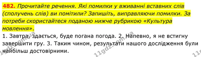 482. Прочитайте речення. Які помилки у вживанні вставних слів (сполучень слів) ви помітили? Запишіть, виправляючи помилки. За потреби — ГДЗ Українська мова 5 клас Заболотний 2022