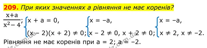 209. При яких значеннях a рівняння не має коренів? — ГДЗ Алгебра 8 клас Мерзляк