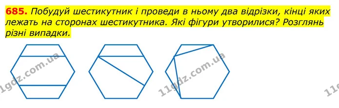 685. Побудуй шестикутник і проведи в ньому два відрізки, кінці яких лежать на сторонах шестикутника. Які фігури утворилися? Розглянь — ГДЗ Математика 3 клас Лишенко (1, 2 частина)