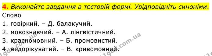 4. Виконайте завдання в тестовій формі. Увідповідніть синоніми. — ГДЗ Українська мова 6 клас Авраменко