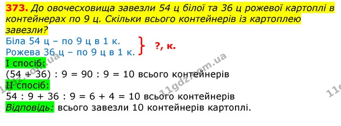 373. До овочесховища завезли 54 ц білої та 36 ц рожевої картоплі в контейнерах по 9 ц. Скільки всього контейнерів із картоплею завезли? — ГДЗ Математика 3 клас Лишенко (1, 2 частина)