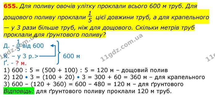655. Для поливу овочів улітку проклали всього 600 м труб. Для дощового поливу проклали цієї довжини труб, а для крапельного — у 3 рази — ГДЗ Математика 3 клас Лишенко (1, 2 частина)