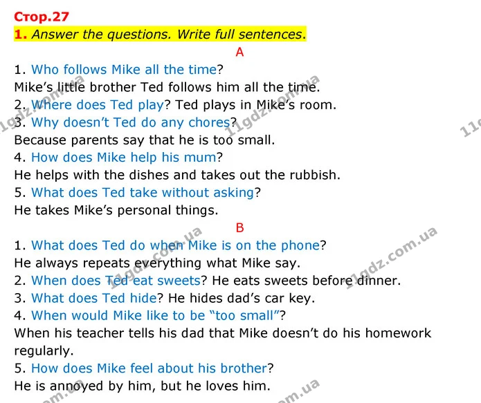 1. Answer the questions. Write full sentences. — ГДЗ Робочий зошит Англійська мова 5 клас Карпюк