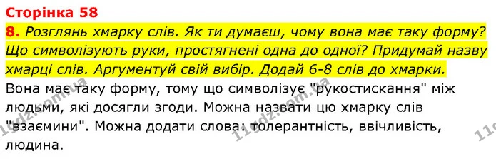 8. Розглянь хмарку слів. Як ти думаєш, чому вона має таку форму? Що символізують руки, простягнені одна до одної? Придумай назву хмарці — ГДЗ Етика 6 клас Давидюк