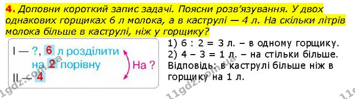 4. Доповни короткий запис задачі. Поясни розв’язування. У двох однакових горщиках 6 л молока, а в каструлі — 4 л. На скільки літрів — ГДЗ Математика 2 клас Скворцова