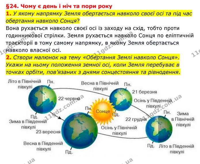 1. У якому напрямку Земля обертається навколо своєї осі та під час обертання навколо Сонця? — ГДЗ Пізнаємо природу 6 клас Гільберг