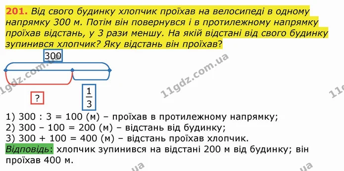 201. Від свого будинку хлопчик проїхав на велосипеді в одному напрямку 300 м. Потім він повернувся і в протилежному напрямку проїхав — ГДЗ Математика 4 клас Лишенко 1-2 ч.
