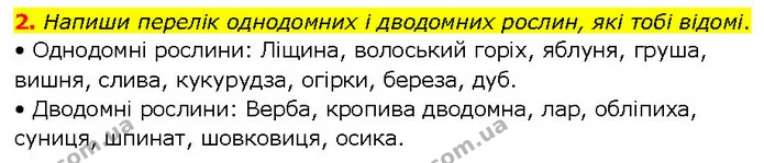 2. Напиши перелік однодомних і дводомних рослин, які тобі відомі. — ГДЗ робочий зошит Біологія 7 клас Тагліна