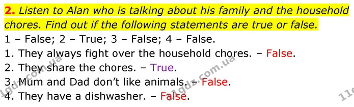 2. Listen to Alan who is talking about his family and the household chores. Find out if the following statements are true or false. — ГДЗ Англійська мова 7 клас Карпюк