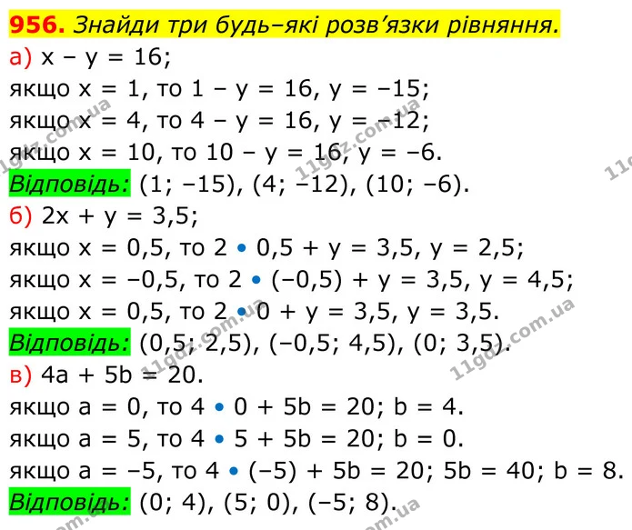 956. Знайди три будь–які розв’язки рівняння. — ГДЗ Алгебра 7 клас Бевз