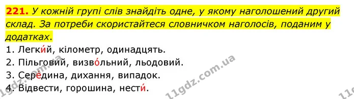 221. У кожній групі слів знайдіть одне, у якому наголошений другий склад. За потреби скористайтеся словничком наголосів, поданим у — ГДЗ Українська мова 5 клас Заболотний 2022