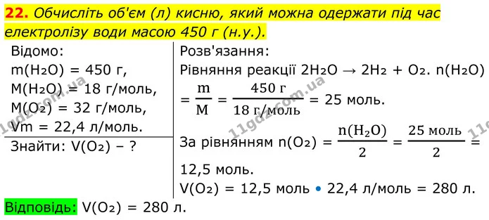 22. Обчисліть об'єм (л) кисню, який можна одержати під час електролізу води масою 450 г (н.у.). — ГДЗ Хімія 8 клас Мідак