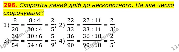 296. Скоротіть даний дріб до нескоротного. На яке число скорочували? — ГДЗ Математика 6 клас Тарасенкова 2023 1-2 ч.