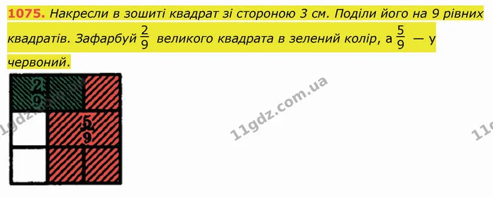 1075. Накресли в зошиті квадрат зі стороною 3 см. Поділи його на 9 рівних квадратів. Зафарбуй великого квадрата в зелений колір, а — у — ГДЗ Математика 5 клас Істер 2022
