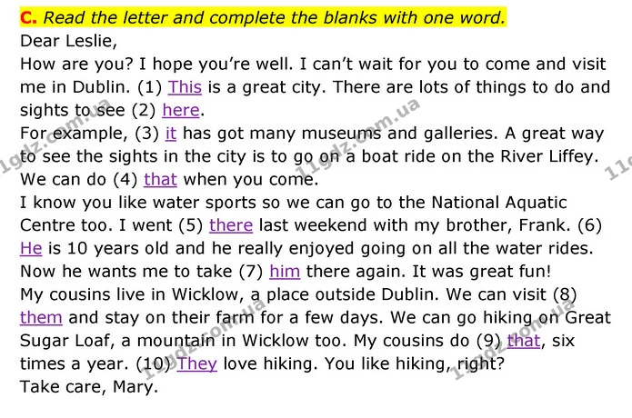 C. Read the letter and complete the blanks with one word. — ГДЗ Робочий зошит Англійська мова 6 клас Мітчелл