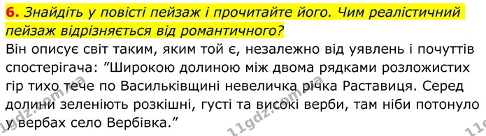 6. Знайдіть у повісті пейзаж і прочитайте його. Чим реалістичний пейзаж відрізняється від романтичного? — ГДЗ Українська література 8 клас Авраменко