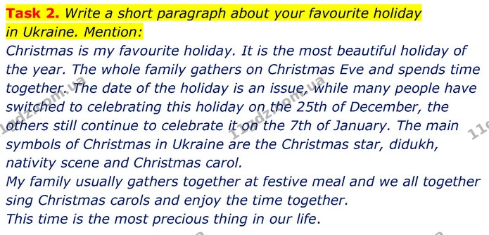 Task 2. Write a short paragraph about your favourite holiday — ГДЗ Збірник тестів Англійська мова 5 клас Карпюк