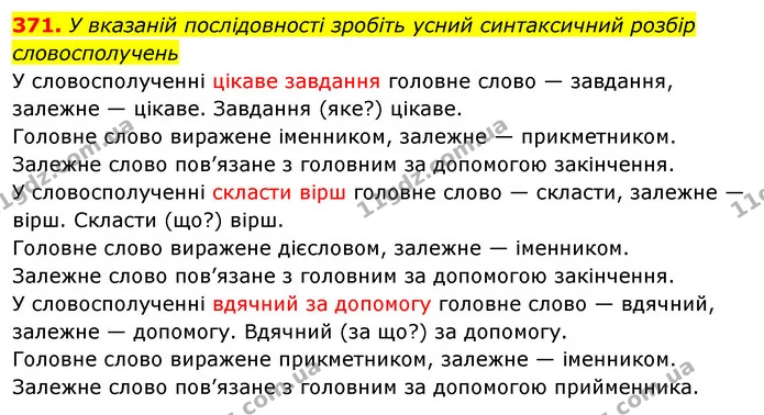 371. У вказаній послідовності зробіть усний синтаксичний розбір словосполучень — ГДЗ Українська мова 5 клас Глазова 2022