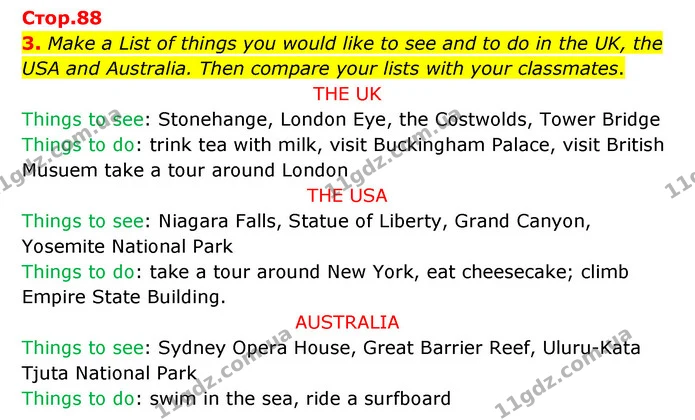3. Make a List of things you would like to see and to do in the UK, the USA and Australia. Then compare your lists with your — ГДЗ Робочий зошит Англійська мова 5 клас Карпюк