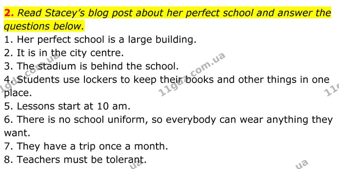 2. Read Stacey’s blog post about her perfect school and answer the questions below. — ГДЗ Англійська мова 8 клас Карпюк 2025