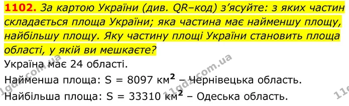 1102. 3а картою України (див. QR–код) з’ясуйте: з яких частин складається площа України; яка частина має найменшу площу, найбільшу — ГДЗ Геометрія 8 клас Бурда
