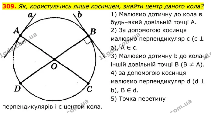 309. Як, користуючись лише косинцем, знайти центр даного кола? — ГДЗ Геометрія 8 клас Мерзляк