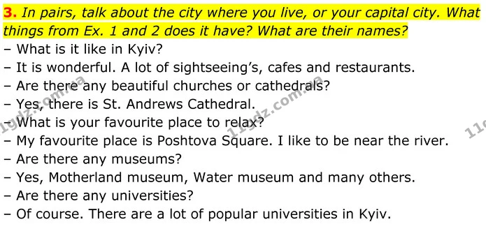 3. In pairs, talk about the city where you live, or your capital city. What things from Ex. 1 and 2 does it have? What are their names? — ГДЗ Англійська мова 7 клас Коста