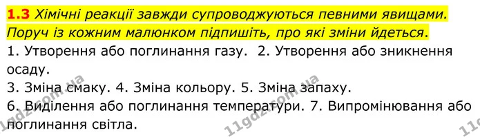 1.3 Хімічні реакції завжди супроводжуються певними явищами. Поруч із кожним малюнком підпишіть, про які зміни йдеться. — ГДЗ Робочий зошит Хімія 8 клас Григорович
