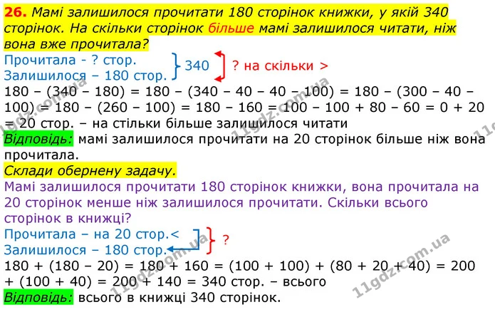 26. Мамі залишилося прочитати 180 сторінок книжки, у якій 340 сторінок. На скільки сторінок більше мамі залишилося читати, ніж вона вже — ГДЗ Математика 3 клас Лишенко (1, 2 частина)