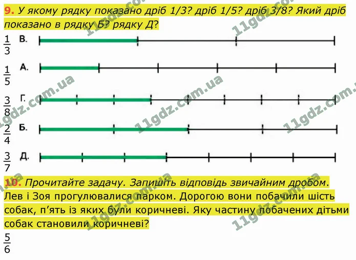 9. У якому рядку показано дріб 1/3? дріб 1/5? дріб 3/8? Який дріб показано в рядку Б? рядку Д? — ГДЗ Математика 4 клас Логачевська 1-2 ч. 2021