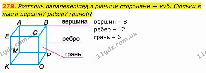278. Розглянь паралелепіпед з рівними сторонами — куб. Скільки в нього вершин? ребер? граней? — ГДЗ Математика 4 клас Лишенко 1-2 ч.