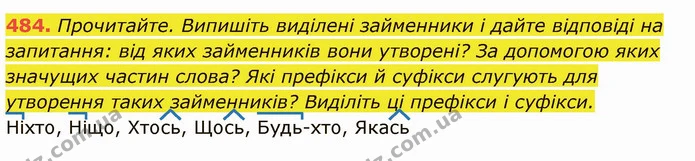 484. Прочитайте. Випишіть виділені займенники і дайте відповіді на запитання: від яких займенників вони утворені? За допомогою яких — ГДЗ Українська мова 6 клас Глазова