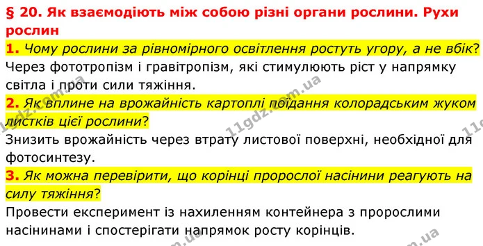 1. Чому рослини за рівномірного освітлення ростуть угору, а не вбік? — ГДЗ Біологія 7 клас Балан