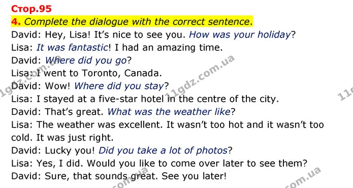 4. Complete the dialogue with the correct sentence. — ГДЗ Робочий зошит Англійська мова 5 клас Карпюк