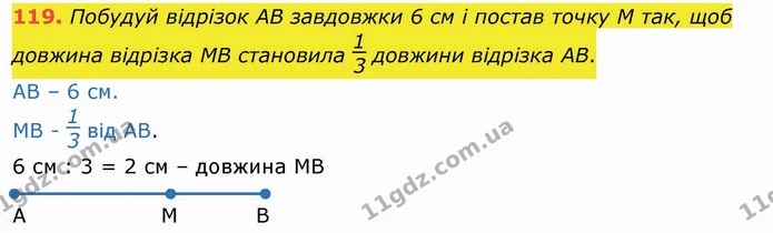 119. Побудуй відрізок АВ завдовжки 6 см і постав точку М так, щоб довжина відрізка МВ становила довжини відрізка АВ. — ГДЗ Математика 4 клас Лишенко 1-2 ч.