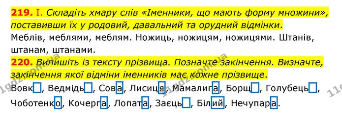 219. І. Складіть хмару слів «Іменники, що мають форму множини», поставивши їх у родовий, давальний та орудний відмінки. — ГДЗ Українська мова 6 клас Голуб 2023