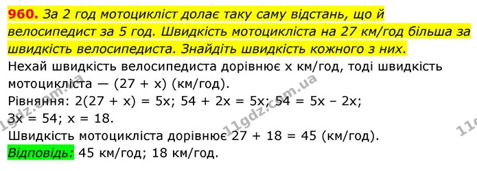 960. За 2 год мотоцикліст долає таку саму відстань, що й велосипедист за 5 год. Швидкість мотоцикліста на 27 км/год більша за швидкість — ГДЗ Алгебра 7 клас Істер 2020