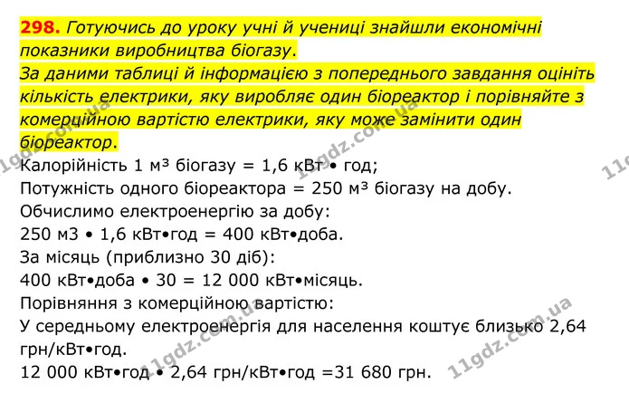 298. Готуючись до уроку учні й учениці знайшли економічні показники виробництва біогазу. — ГДЗ Хімія 8 клас Григорович