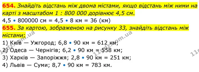 654. Знайдіть відстань між двома містами, якщо відстань між ними на карті з масштабом 1 : 800 000 дорівнює 4,5 см. — ГДЗ Математика 6 клас Кравчук 2023
