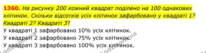 1360. На рисунку 200 кожний квадрат поділено на 100 однакових клітинок. Скільки відсотків усіх клітинок зафарбовано у квадраті 1? — ГДЗ Математика 5 клас Кравчук