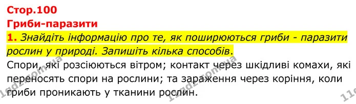 1. Знайдіть інформацію про те, як поширюються гриби - паразити рослин у природі. Запишіть кілька способів. — ГДЗ робочий зошит Біологія 7 клас Кулініч
