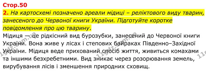 2. На картосхемі позначено ареали мідиці – реліктового виду тварин, занесеного до Червоної книги України. Підготуйте коротке — ГДЗ Зошит практичні Географія 8 клас Гільберг