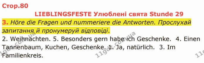 3. Höre die Fragen und nummeriere die Antworten. Прослухай запитання й пронумеруй відповіді. — ГДЗ Німецька мова 5 клас Сотникова (1 рік)
