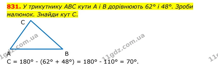 831. У трикутнику ABC кути А і В дорівнюють 62° і 48°. Зроби малюнок. Знайди кут С. — ГДЗ Математика 5 клас Бевз