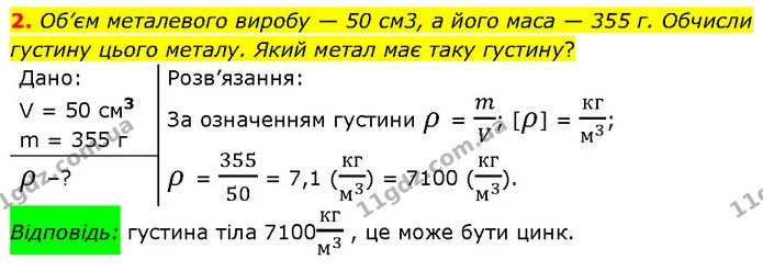 2. Об’єм металевого виробу — 50 см3, а його маса — 355 г. Обчисли густину цього металу. Який метал має таку густину? — ГДЗ Фізика 7 клас Засєкіна