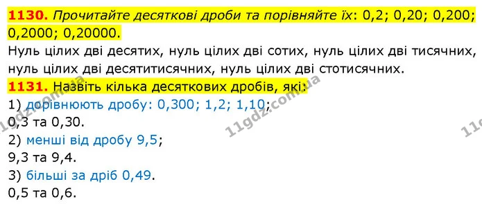 1130. Прочитайте десяткові дроби та порівняйте їх: 0,2; 0,20; 0,200; 0,2000; 0,20000. — ГДЗ Математика 5 клас Кравчук