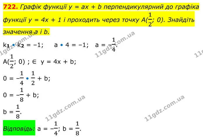 722. Графік функції у = ах + b перпендикулярний до графіка функції у = 4х + 1 і проходить через точку A(12; 0). Знайдіть значення а і — ГДЗ Алгебра 7 клас Тарасенкова 2024