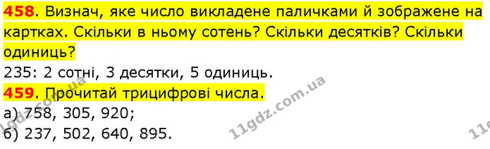 458. Визнач, яке число викладене паличками й зображене на картках. Скільки в ньому сотень? Скільки десятків? Скільки одиниць? — ГДЗ Математика 3 клас Козак 1-2 ч.